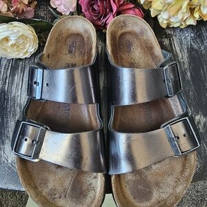 Birkenstock Arizona Leather Metallic Anthracite Slide Sandal SIZE 38 (7.5 US)